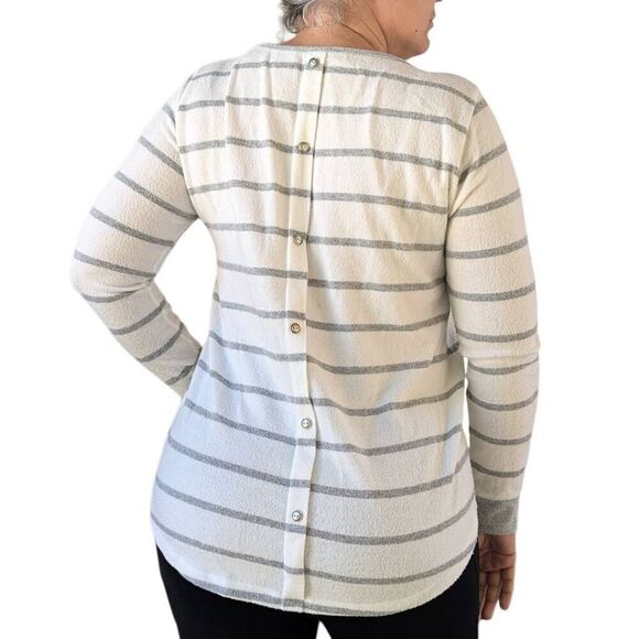 Pink Clover White Gray Striped Flannel Sweater Top Pullover Crew Neck Size L - Picture 2 of 9